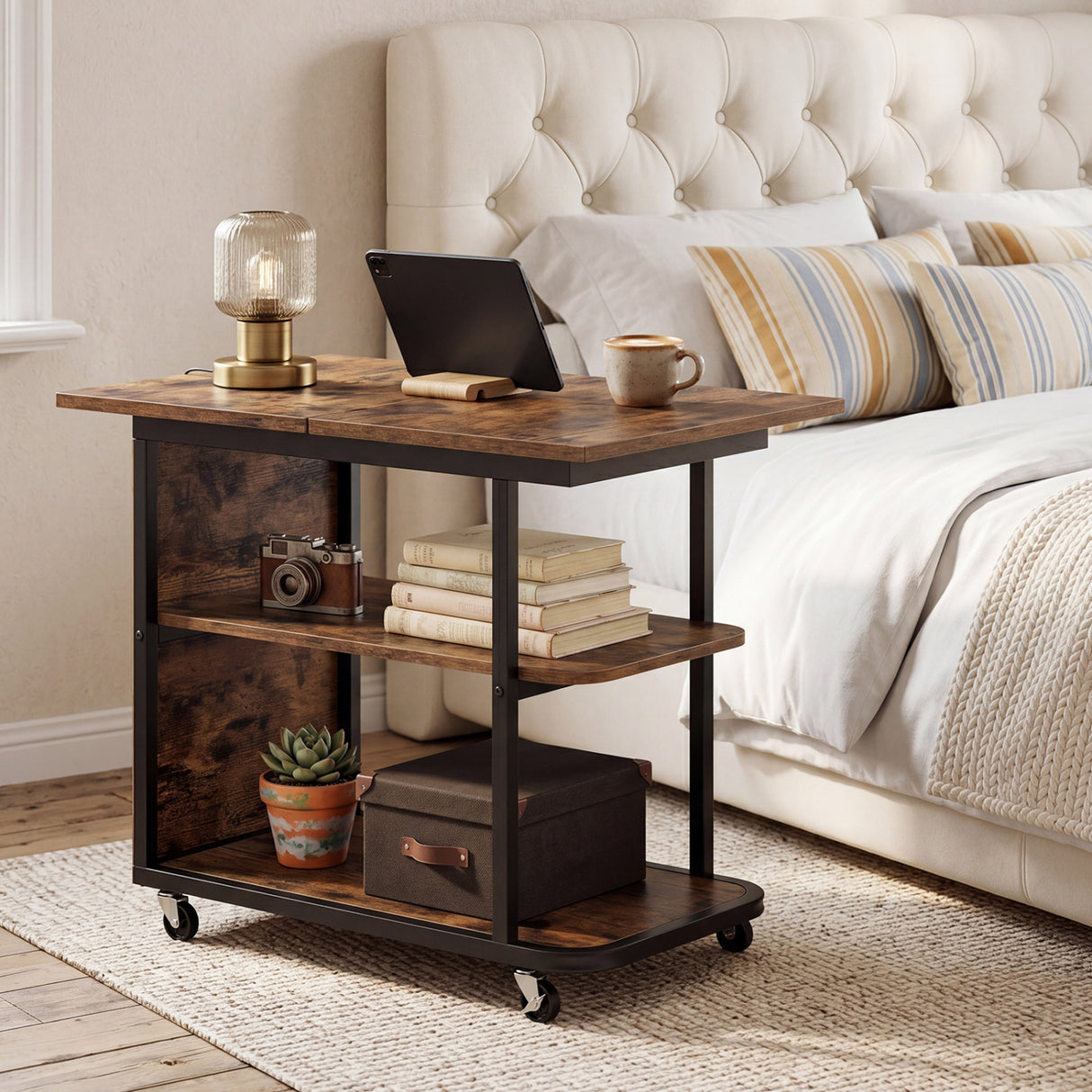 Mobile Night Stand with Foldable Swivel Top and 2-Tier Shelf for Small Spaces