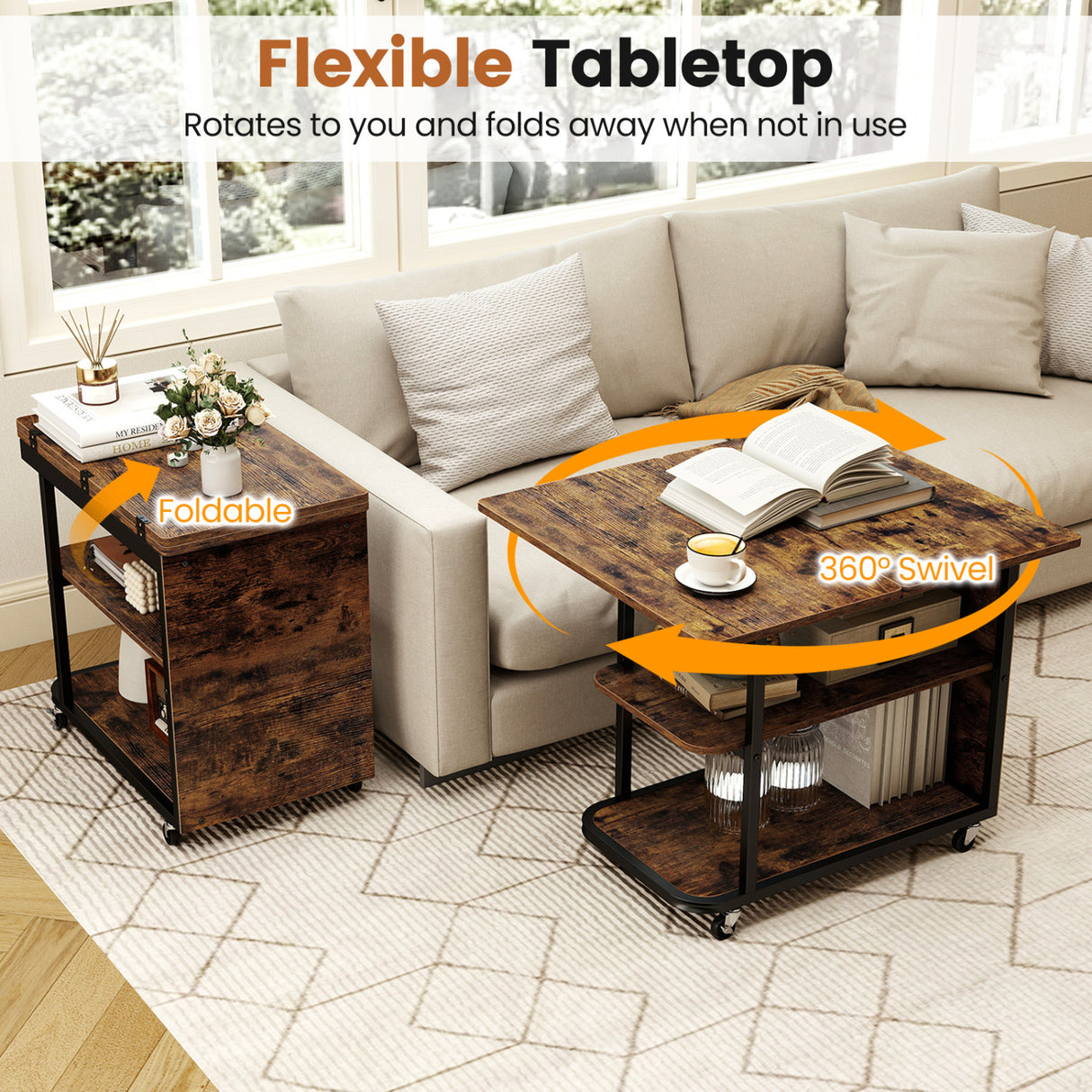 Mobile Night Stand with Foldable Swivel Top and 2-Tier Shelf for Small Spaces