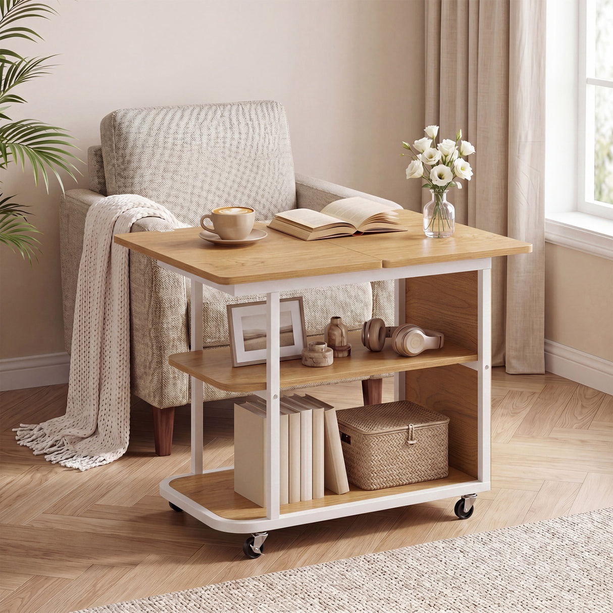 Mobile Night Stand with Foldable Swivel Top and 2-Tier Shelf for Small Spaces