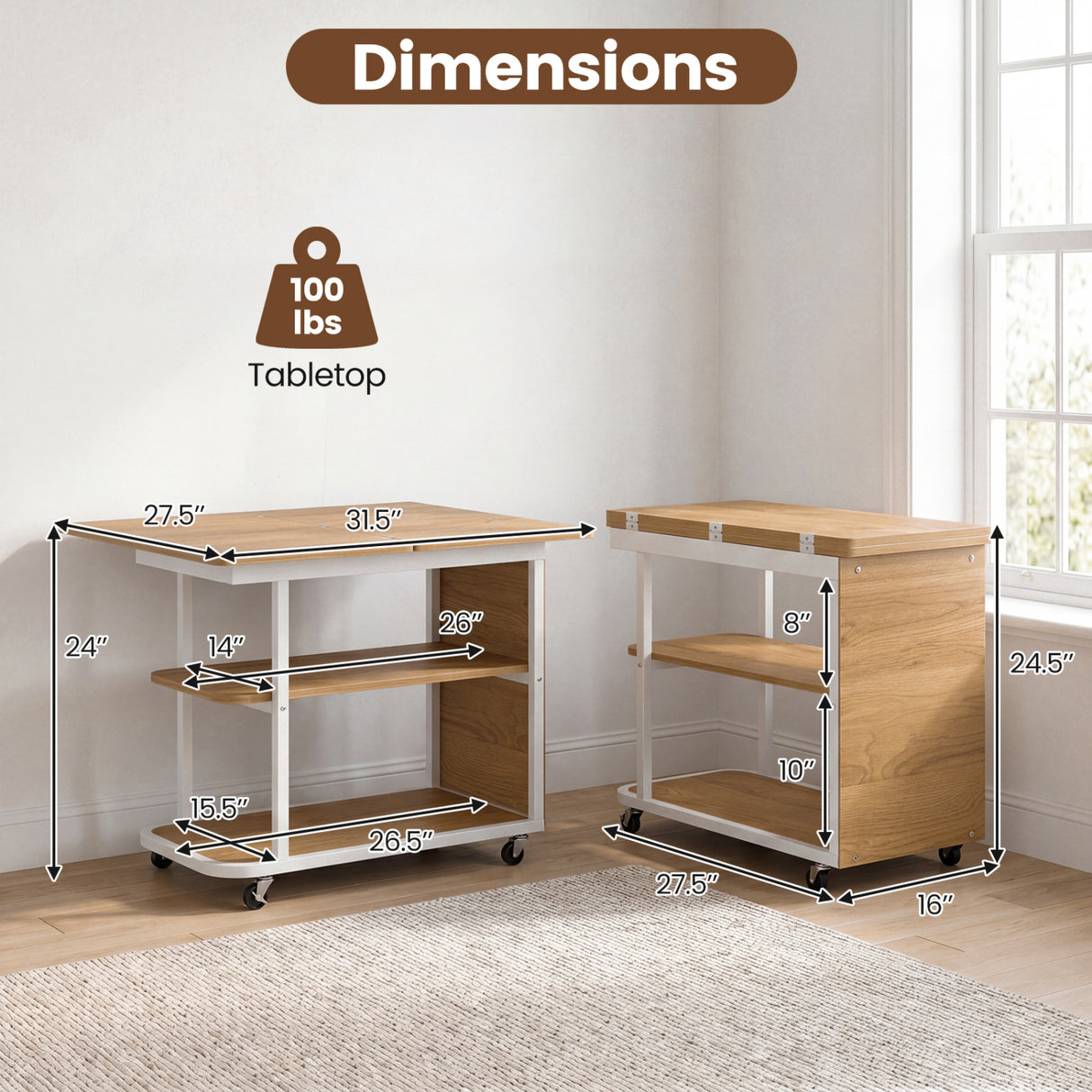Mobile Night Stand with Foldable Swivel Top and 2-Tier Shelf for Small Spaces