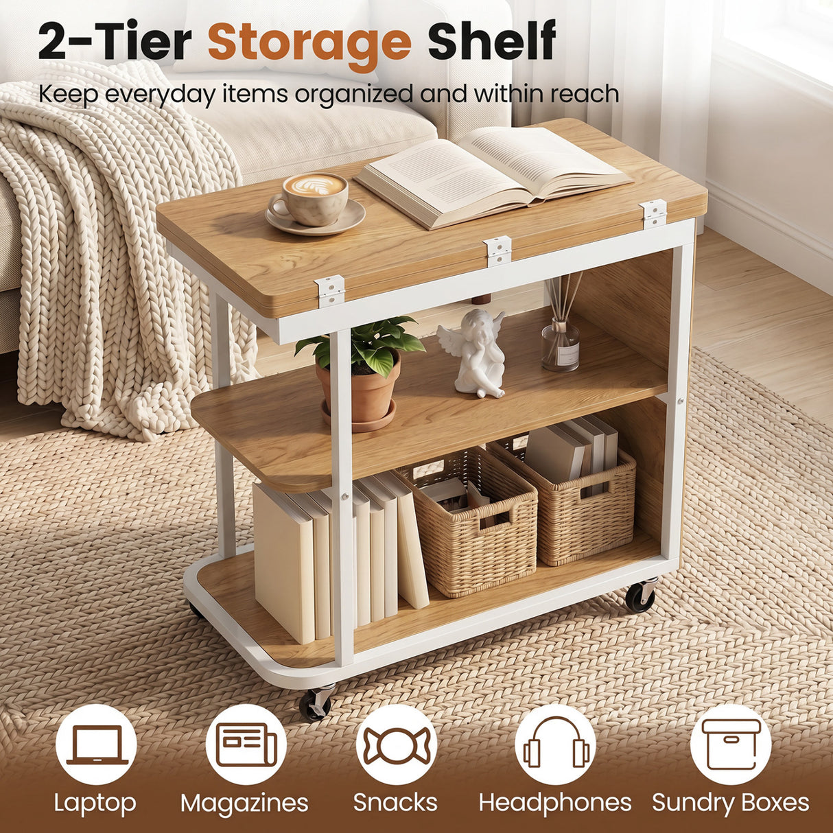 Mobile Night Stand with Foldable Swivel Top and 2-Tier Shelf for Small Spaces