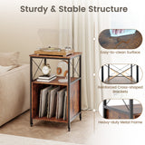 Mobile Record Player Stand with Power Outlet with Open Shelf and Dividers-Rustic Brown