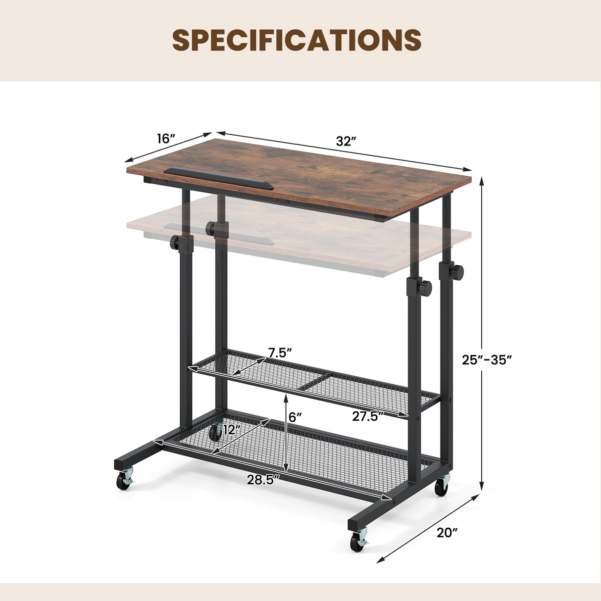Mobile Stand up Desk Height Adjustable Standing Table with Tilting Tabletop
