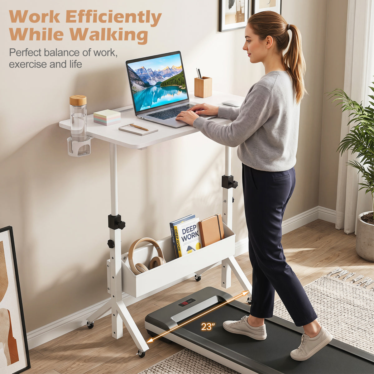 Mobile Standing Desk Height Adjustable Rolling Laptop Desk with Cup Holder Storage Basket