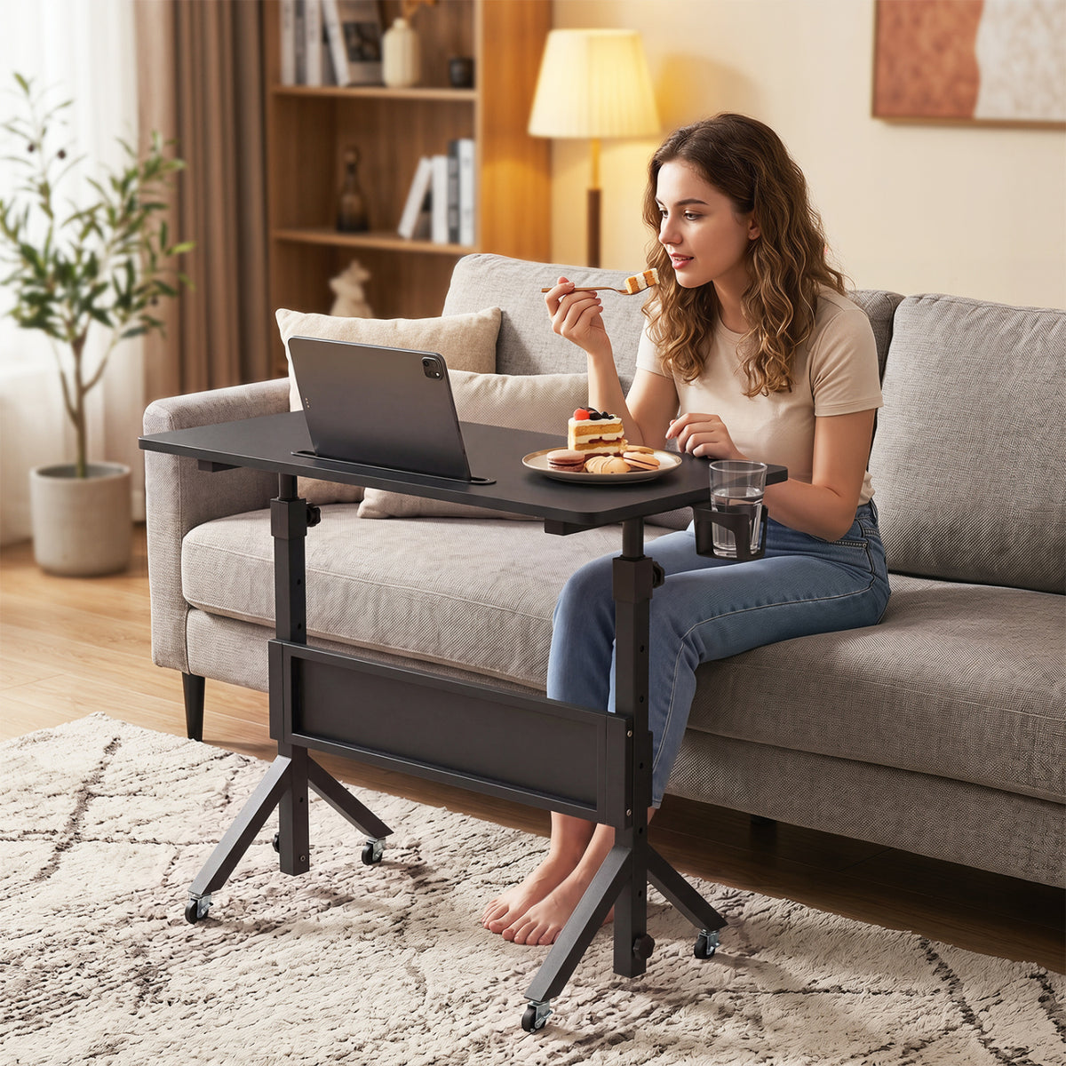 Mobile Standing Desk Height Adjustable Rolling Laptop Desk with Cup Holder Storage Basket