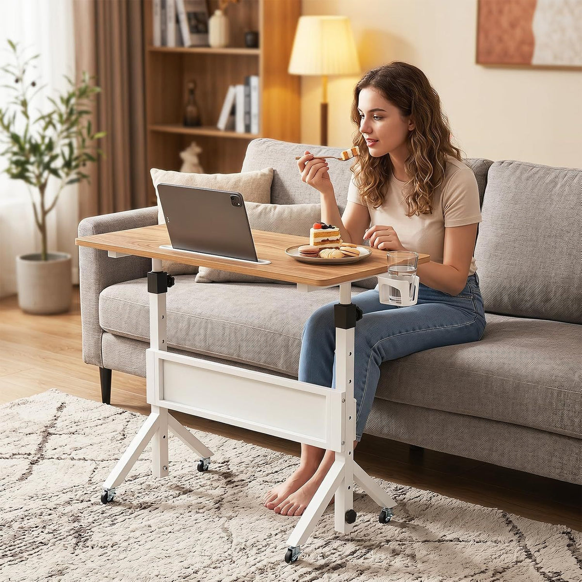Mobile Standing Desk Height Adjustable Rolling Laptop Desk with Cup Holder Storage Basket