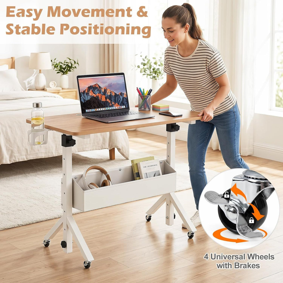 Mobile Standing Desk Height Adjustable Rolling Laptop Desk with Cup Holder Storage Basket