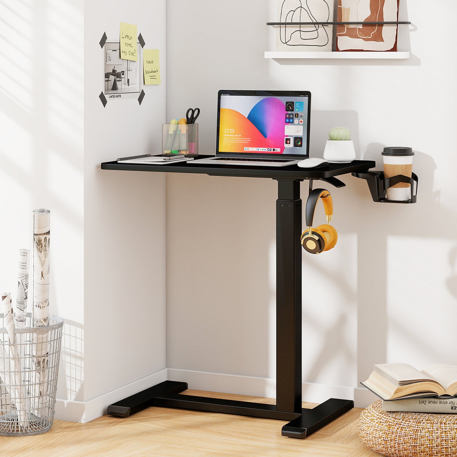 Mobile Standing Desk Height Adjustable Overbed Bedside Table with Cup Holder