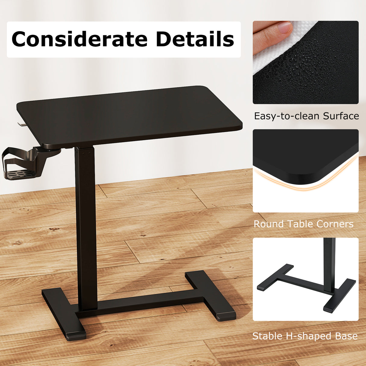 Mobile Standing Desk Height Adjustable Overbed Bedside Table with Cup Holder