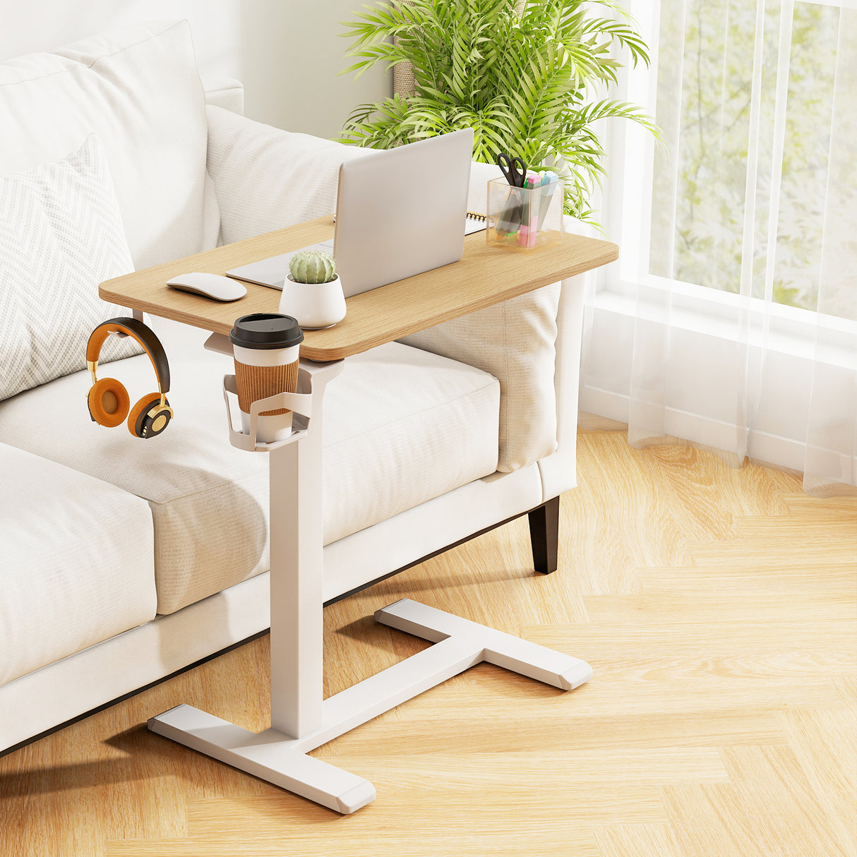 Mobile Standing Desk Height Adjustable Overbed Bedside Table with Cup Holder
