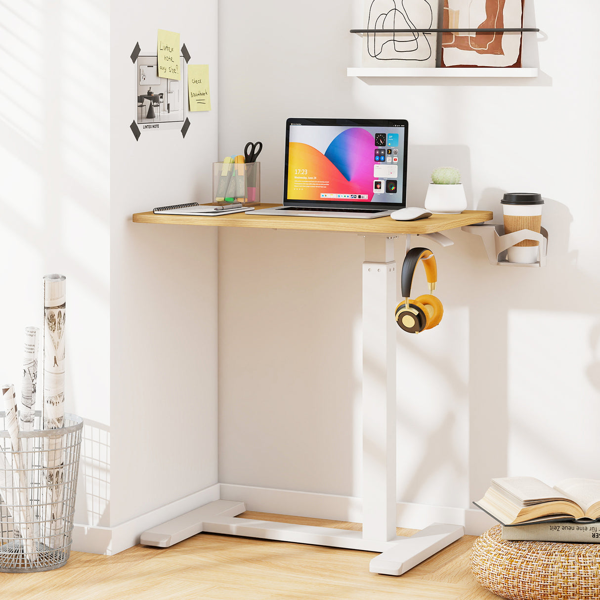 Mobile Standing Desk Height Adjustable Overbed Bedside Table with Cup Holder