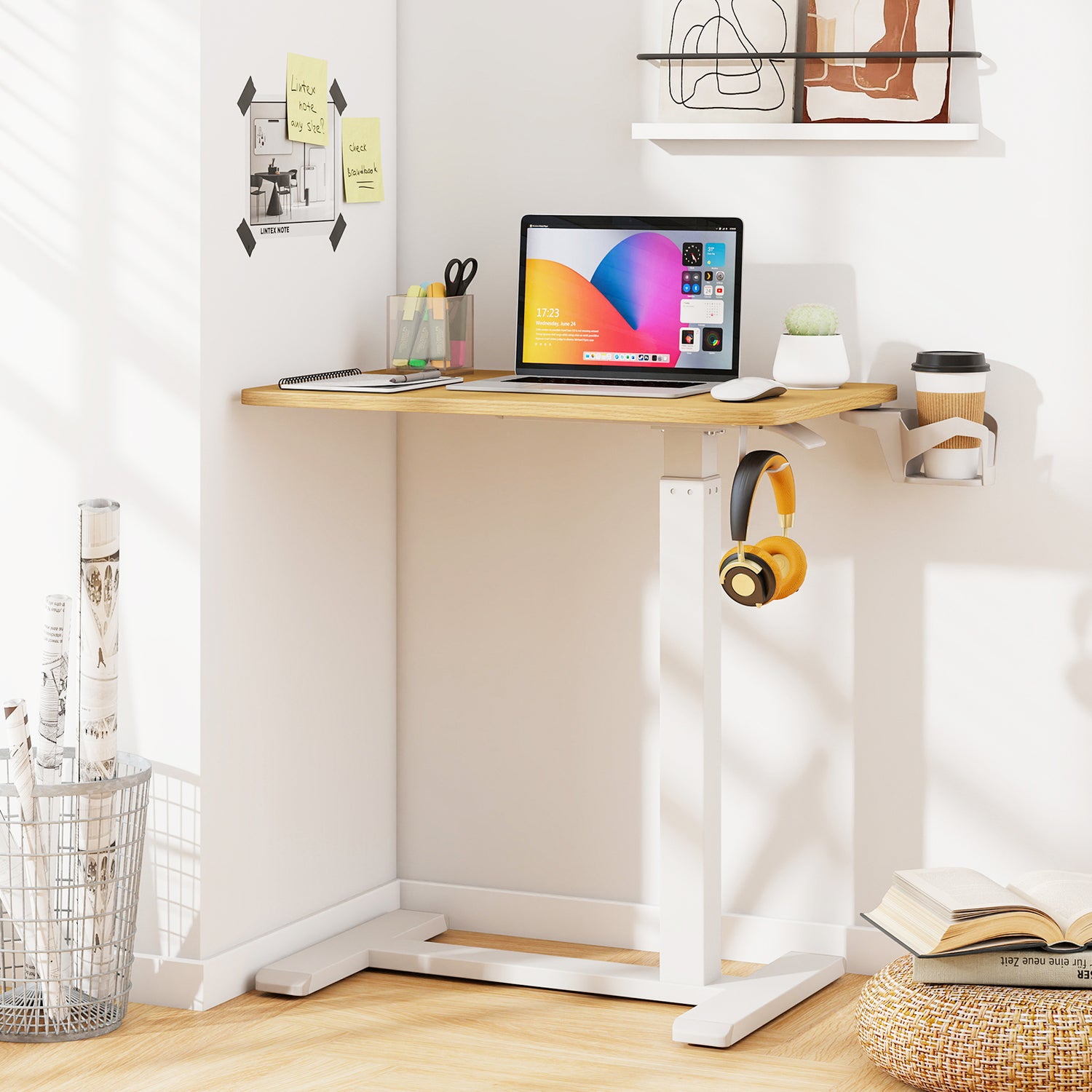 Mobile Standing Desk Height Adjustable Overbed Bedside Table with Cup Holder