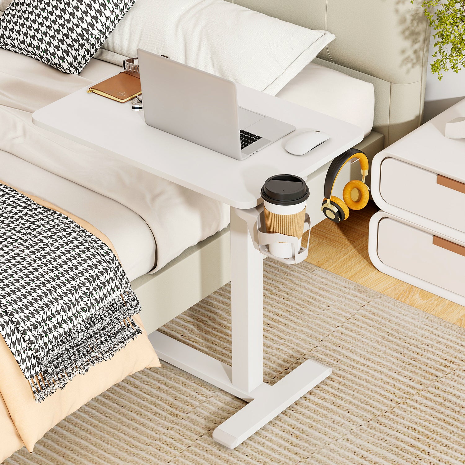 Mobile Standing Desk Height Adjustable Overbed Bedside Table with Cup Holder