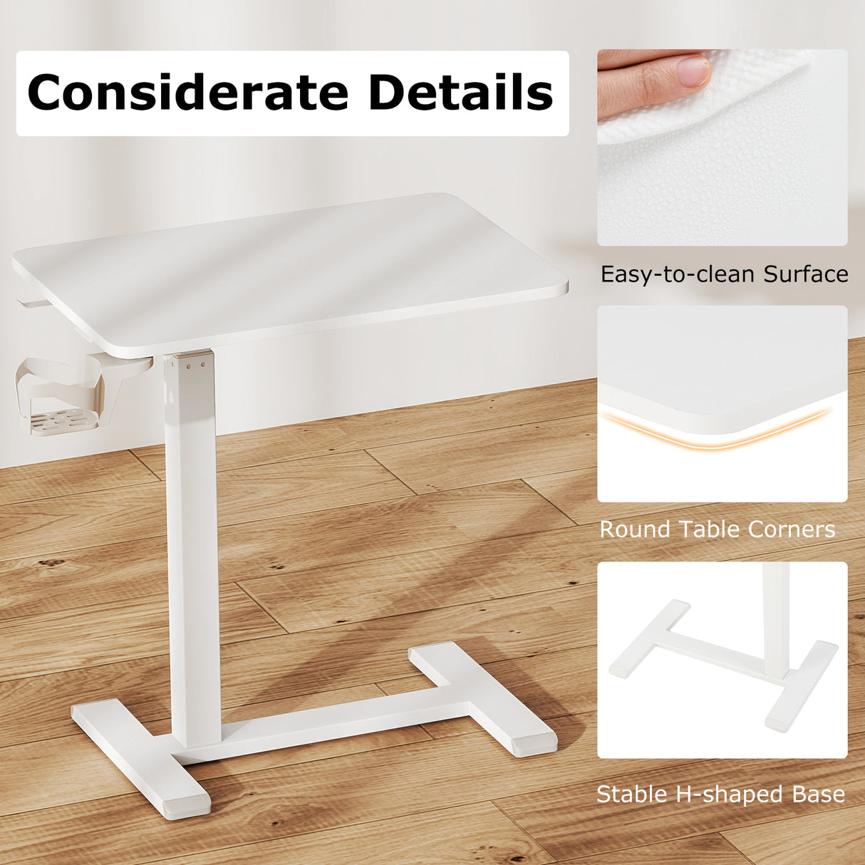 Mobile Standing Desk Height Adjustable Overbed Bedside Table with Cup Holder