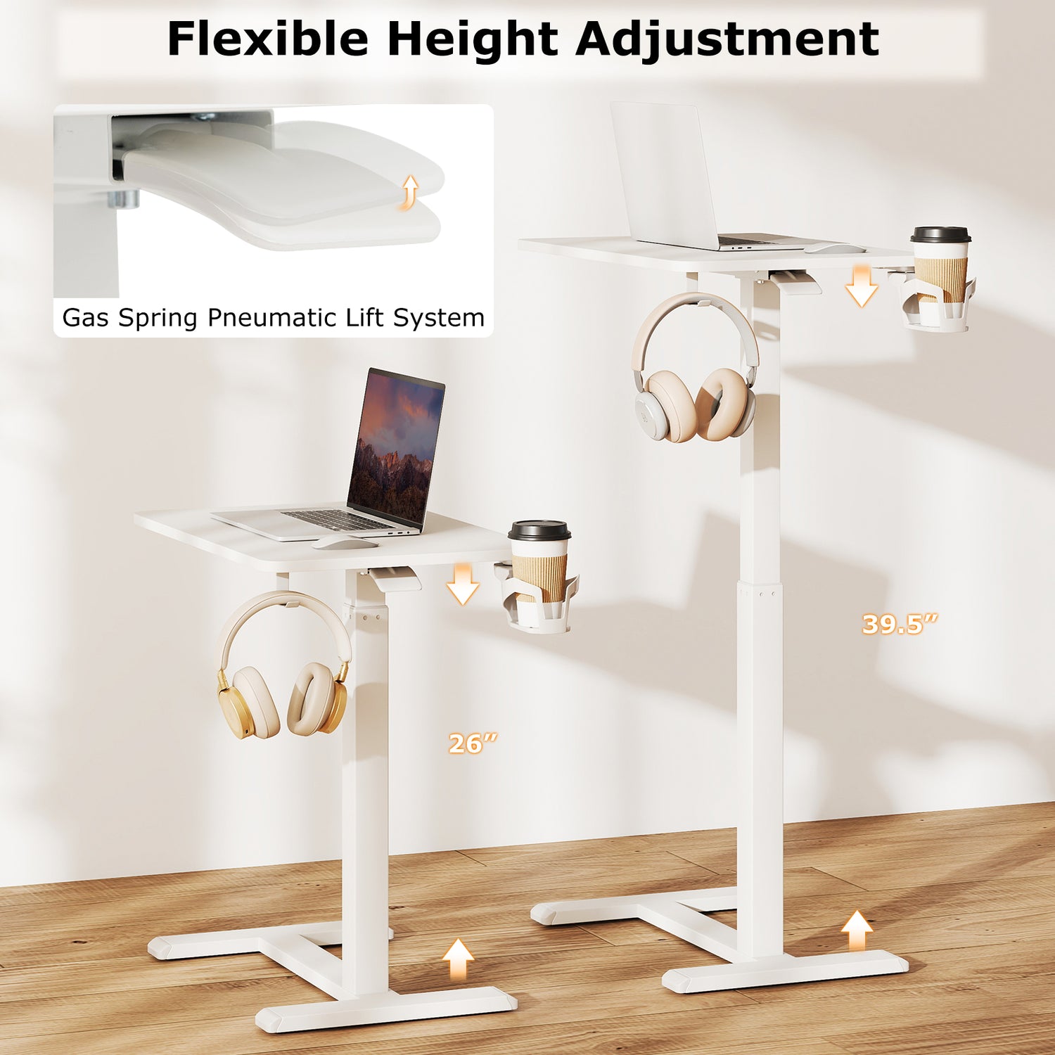 Mobile Standing Desk Height Adjustable Overbed Bedside Table with Cup Holder