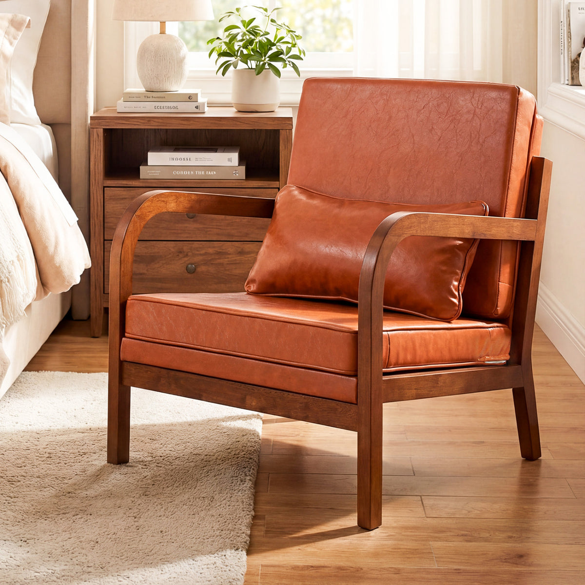 Modern Accent Chair Faux Leather Linen Fabric Upholstered Armchair
