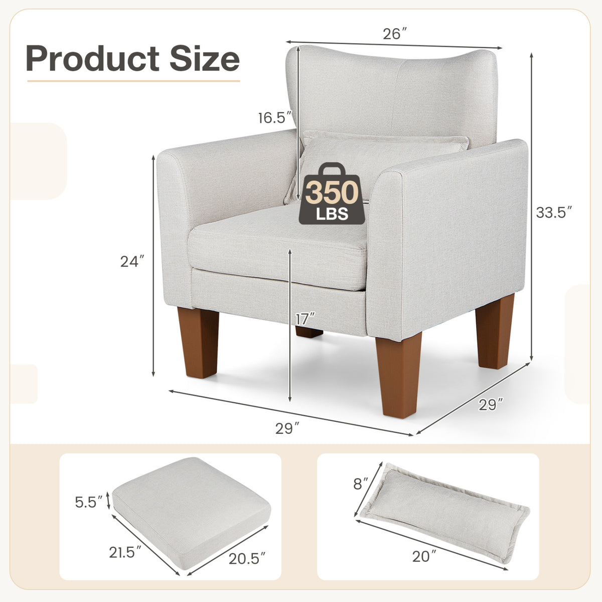 Modern Accent Chair with Removable Cushion & Pillow for Living Room