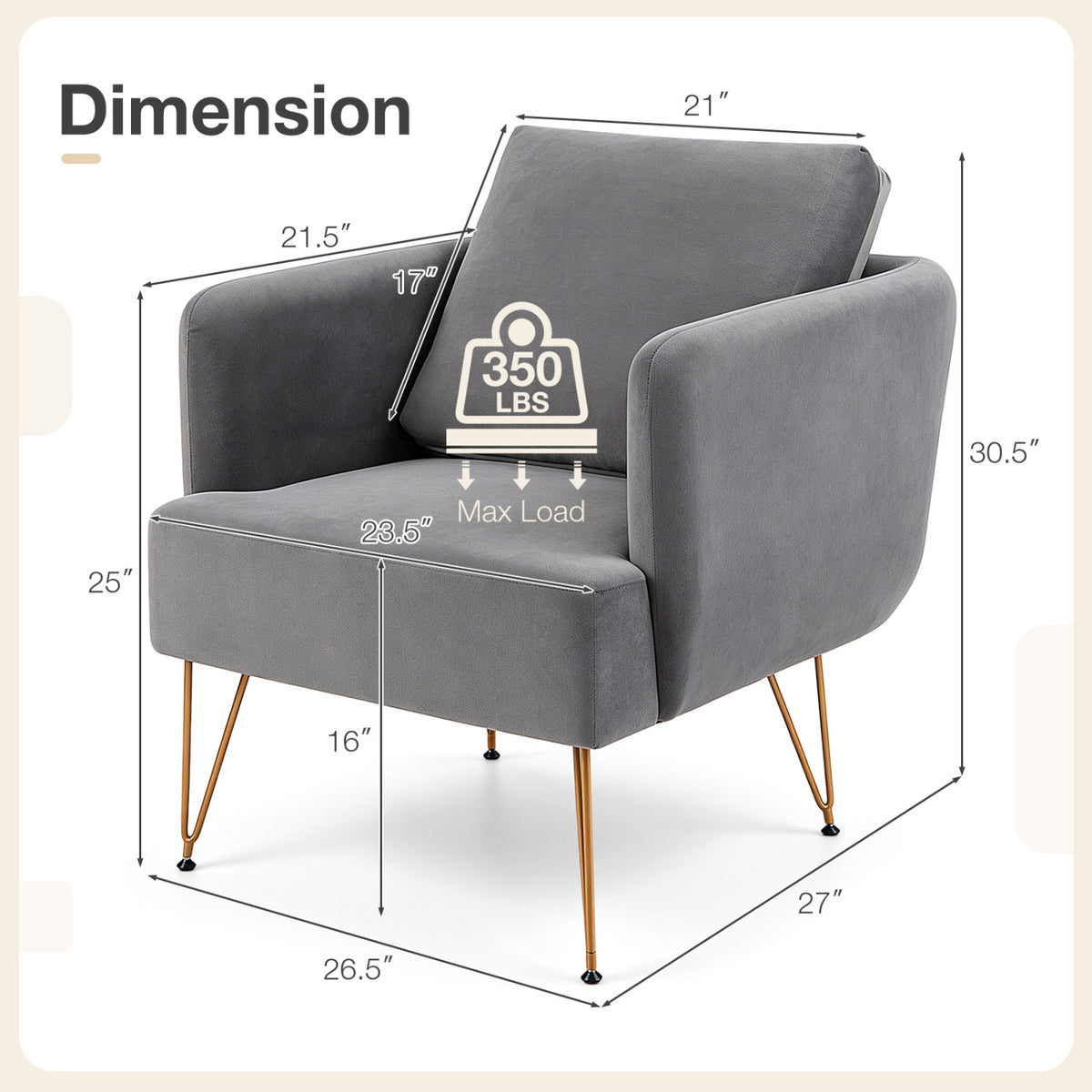 Modern Accent Chair w/Back Cushion & Golden Metal Legs for Living Room Bedroom