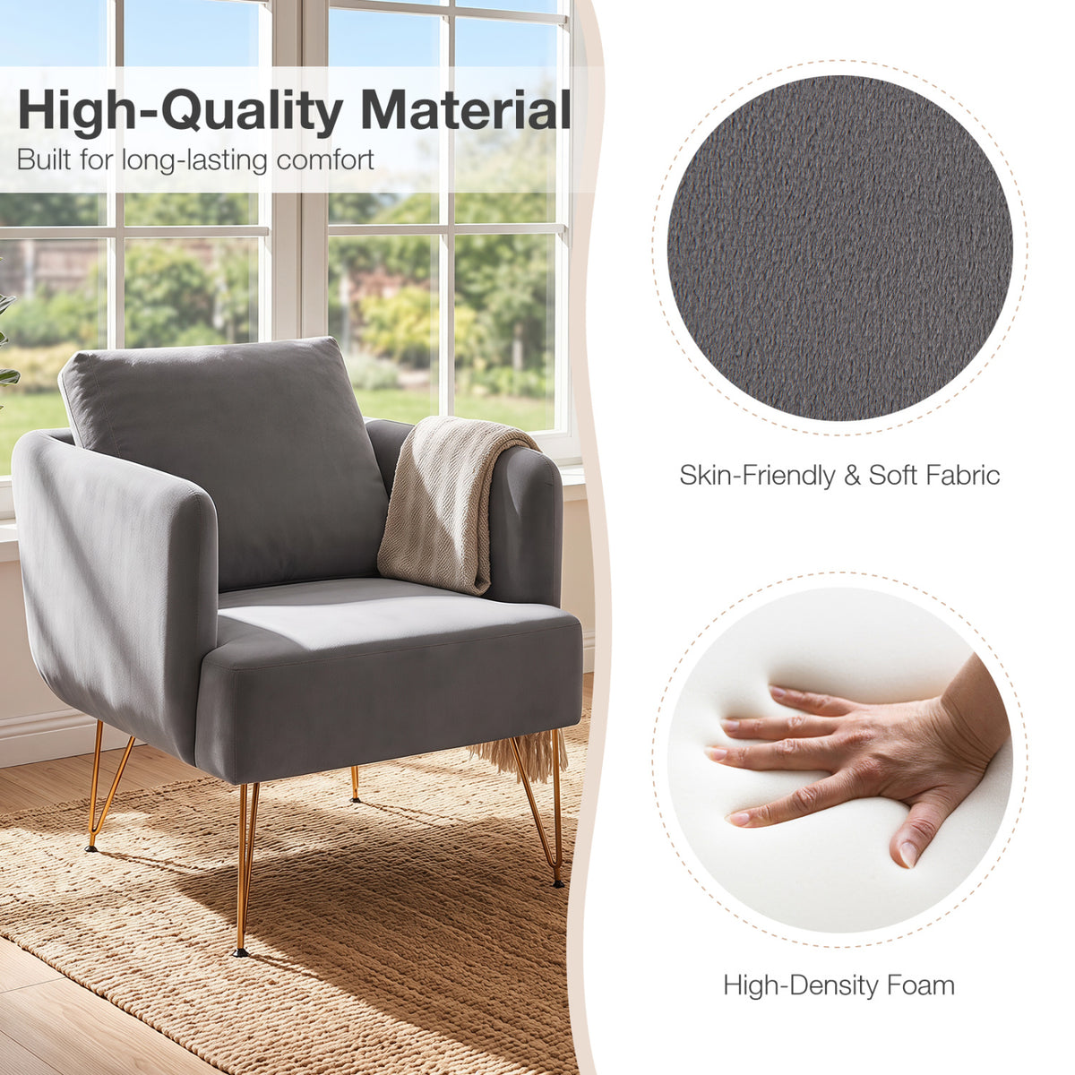 Modern Accent Chair w/Back Cushion & Golden Metal Legs for Living Room Bedroom