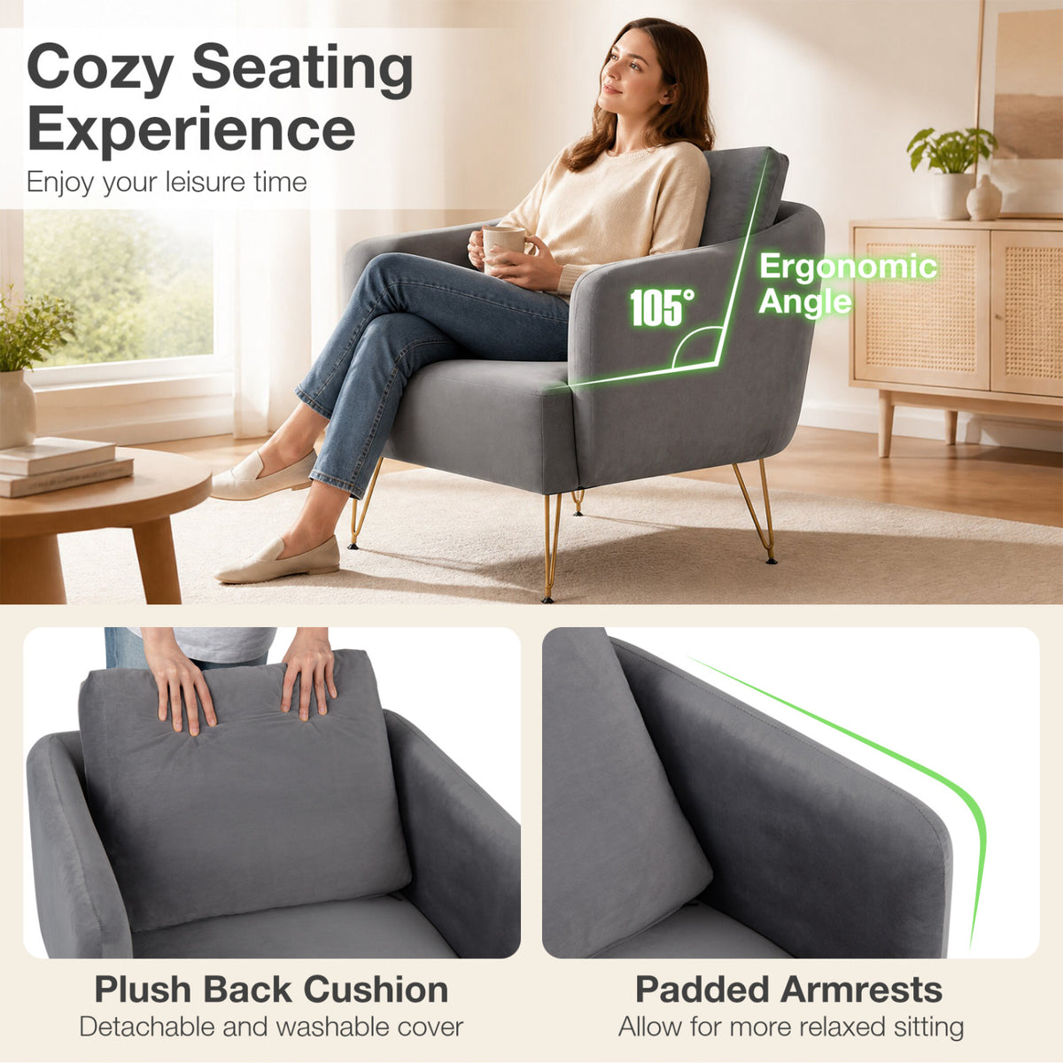 Modern Accent Chair w/Back Cushion & Golden Metal Legs for Living Room Bedroom