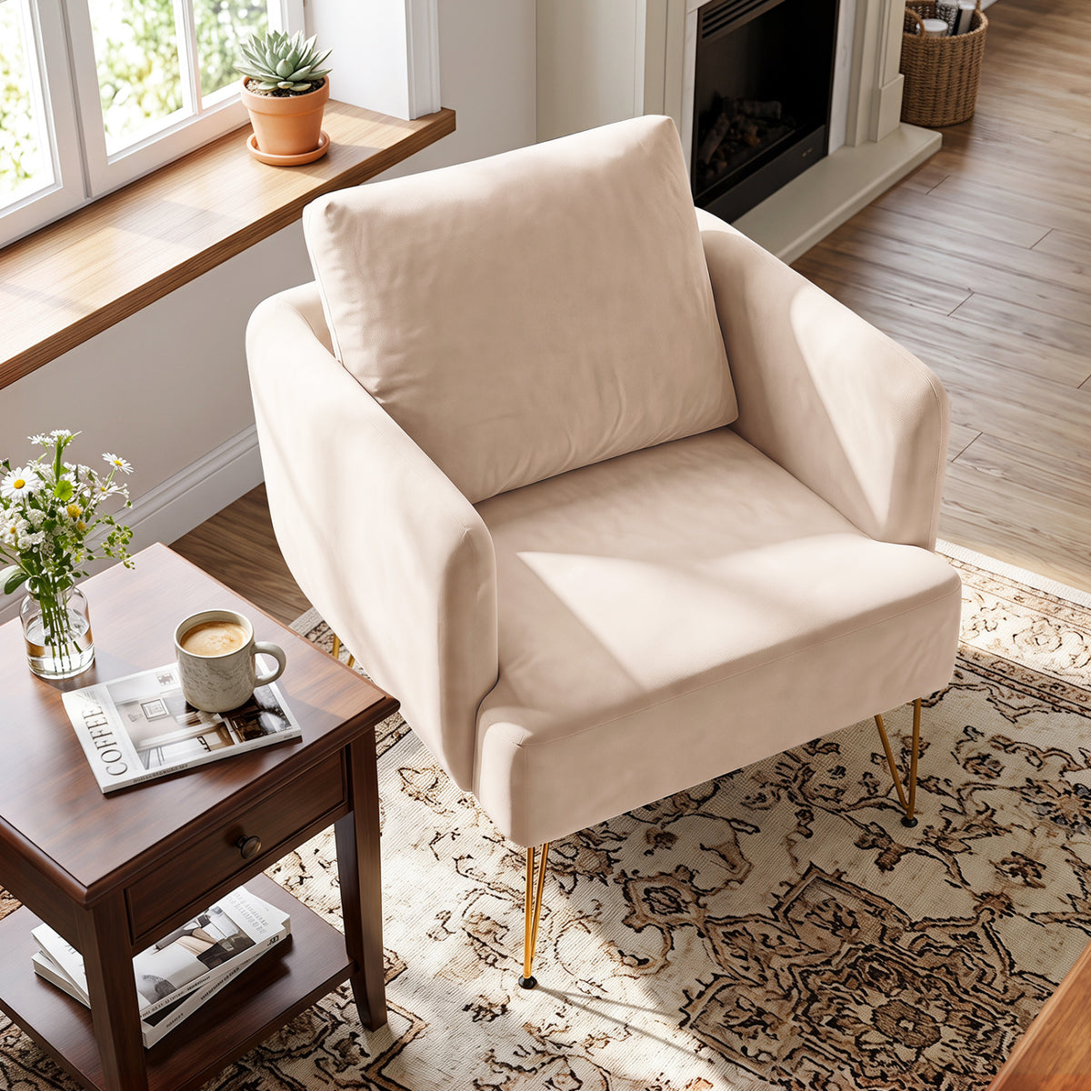 Modern Accent Chair w/Back Cushion & Golden Metal Legs for Living Room Bedroom