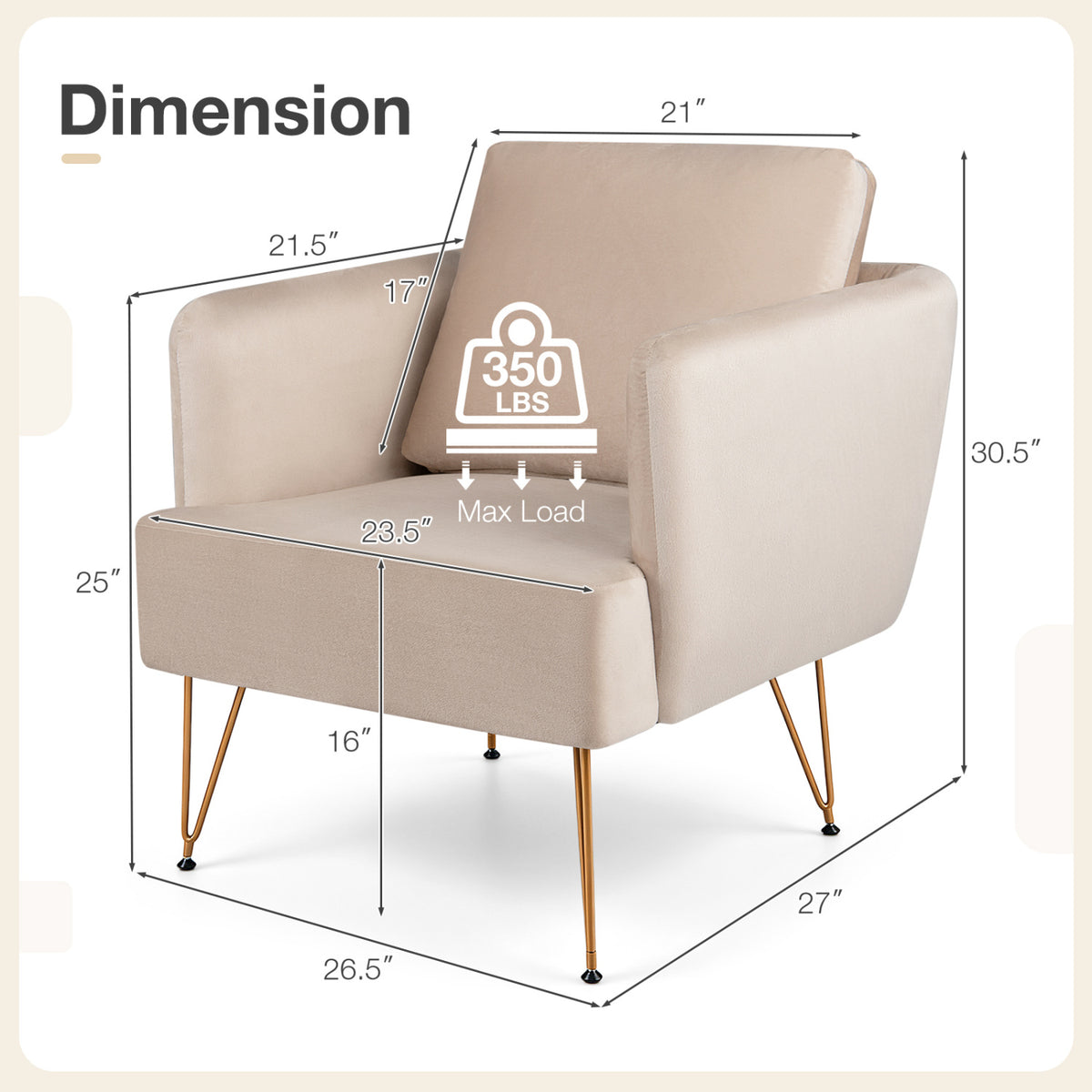 Modern Accent Chair w/Back Cushion & Golden Metal Legs for Living Room Bedroom