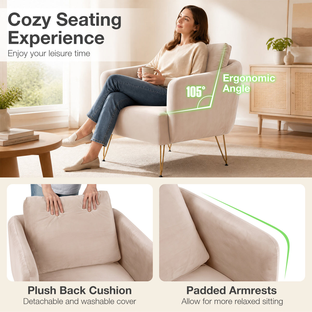 Modern Accent Chair w/Back Cushion & Golden Metal Legs for Living Room Bedroom
