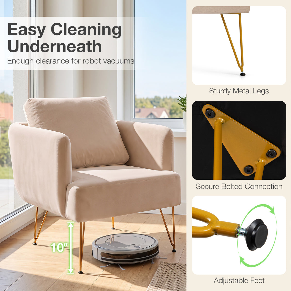Modern Accent Chair w/Back Cushion & Golden Metal Legs for Living Room Bedroom