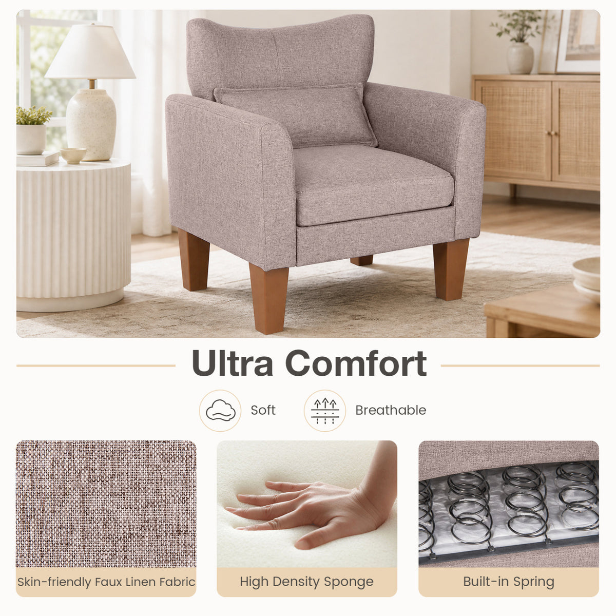 Modern Accent Chair with Removable Cushion & Pillow for Living Room