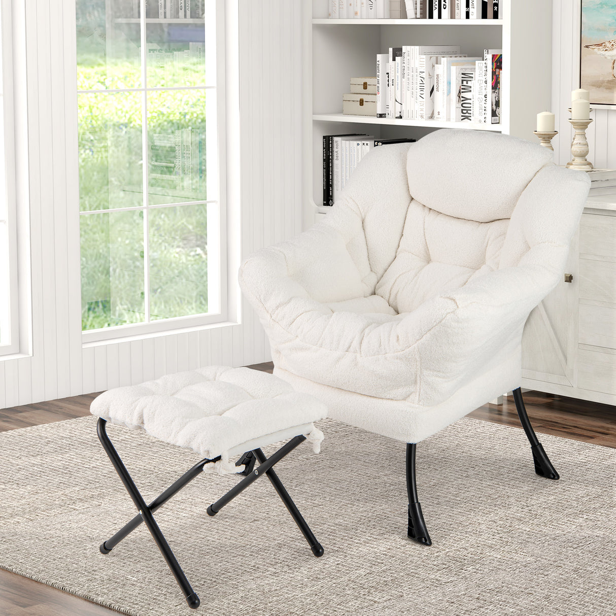 Modern Accent Chair with Folding Footrest and Head Pillow