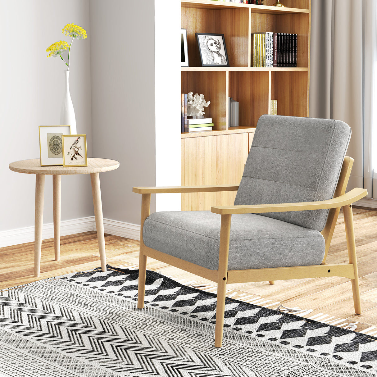 Modern Accent Chair with Rubber Wood Armrests and Legs for Living Room
