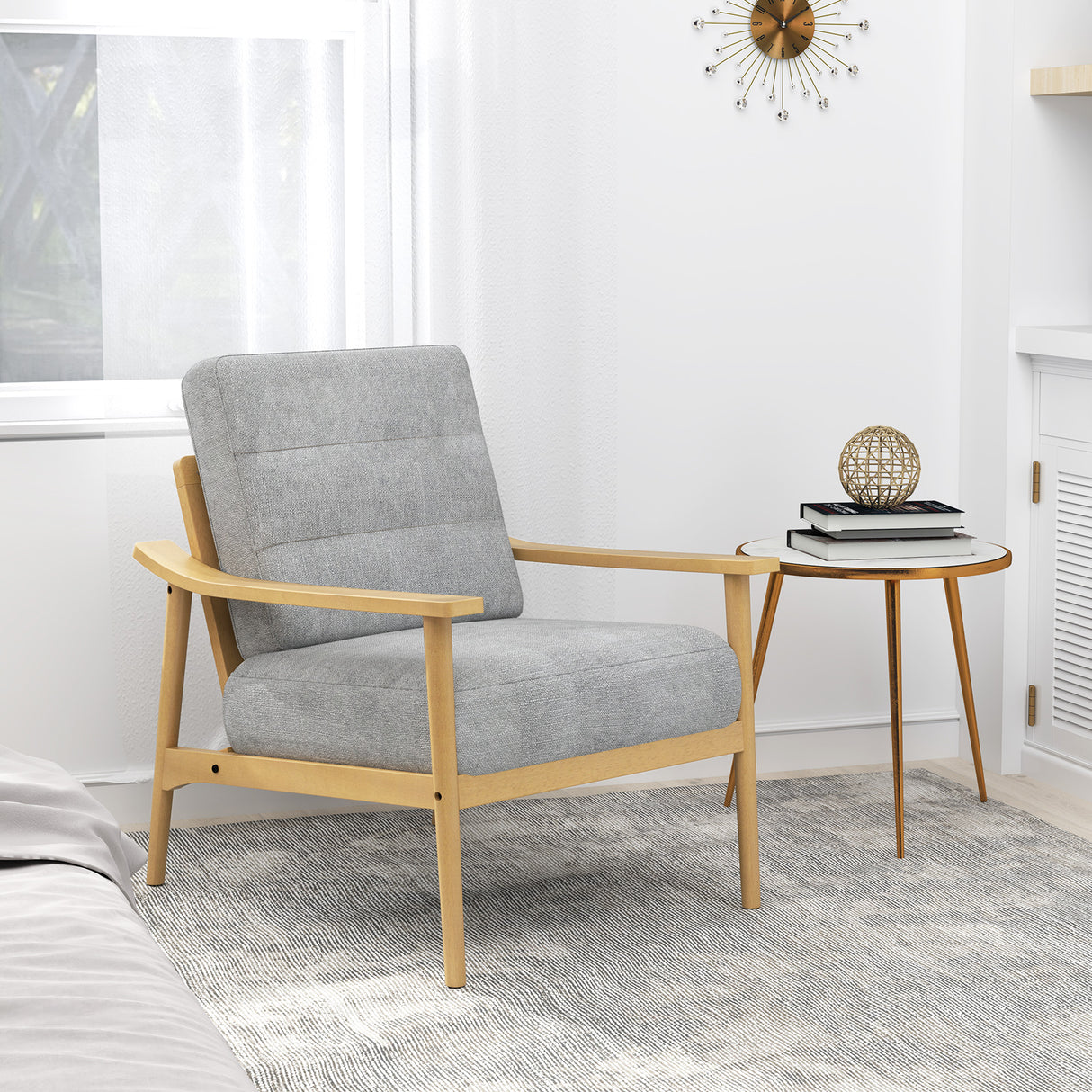 Modern Accent Chair with Rubber Wood Armrests and Legs for Living Room