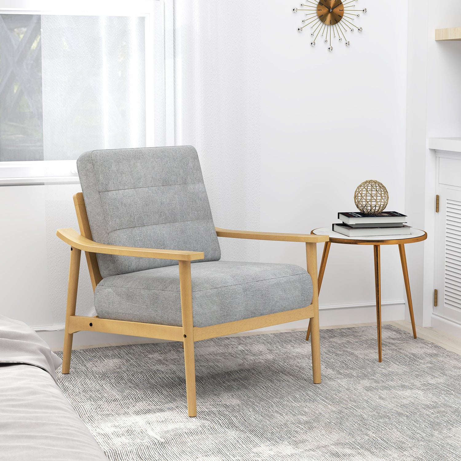 Modern Accent Chair with Rubber Wood Armrests and Legs for Living Room