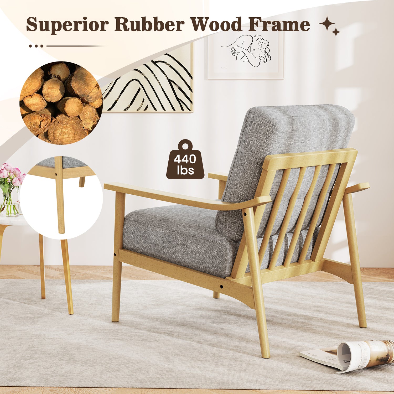Modern Accent Chair with Rubber Wood Armrests and Legs for Living Room