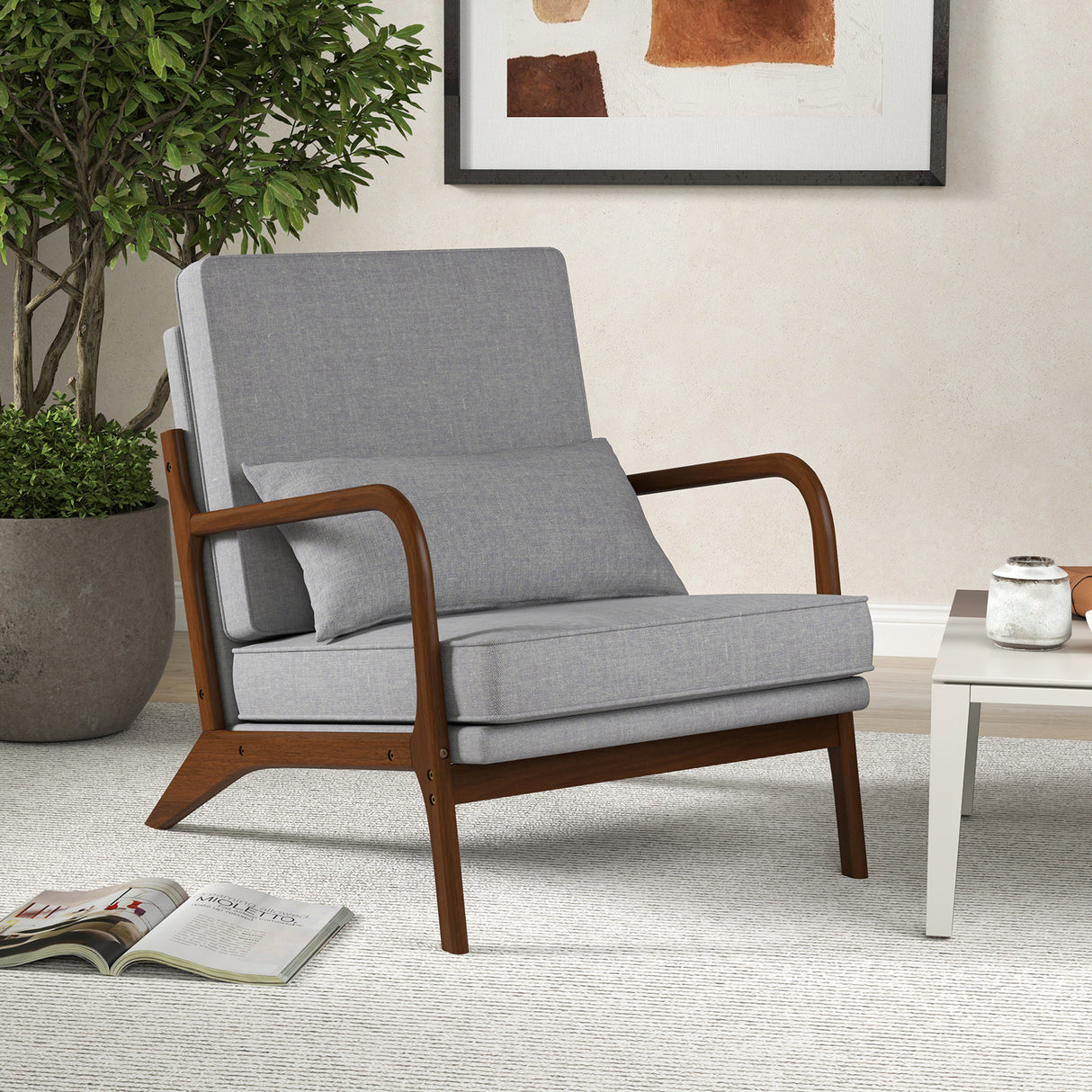 Modern Accent Chair with Rubber Wood Armrests and Removable Back