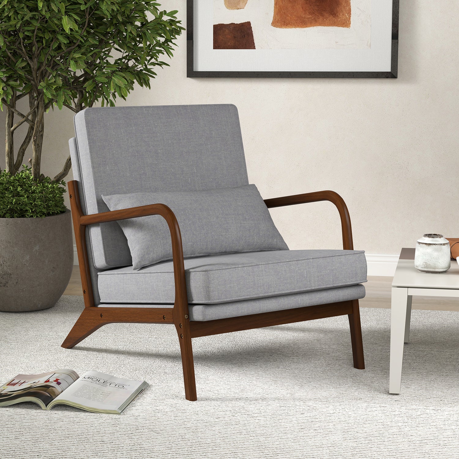 Modern Accent Chair with Rubber Wood Armrests and Removable Back
