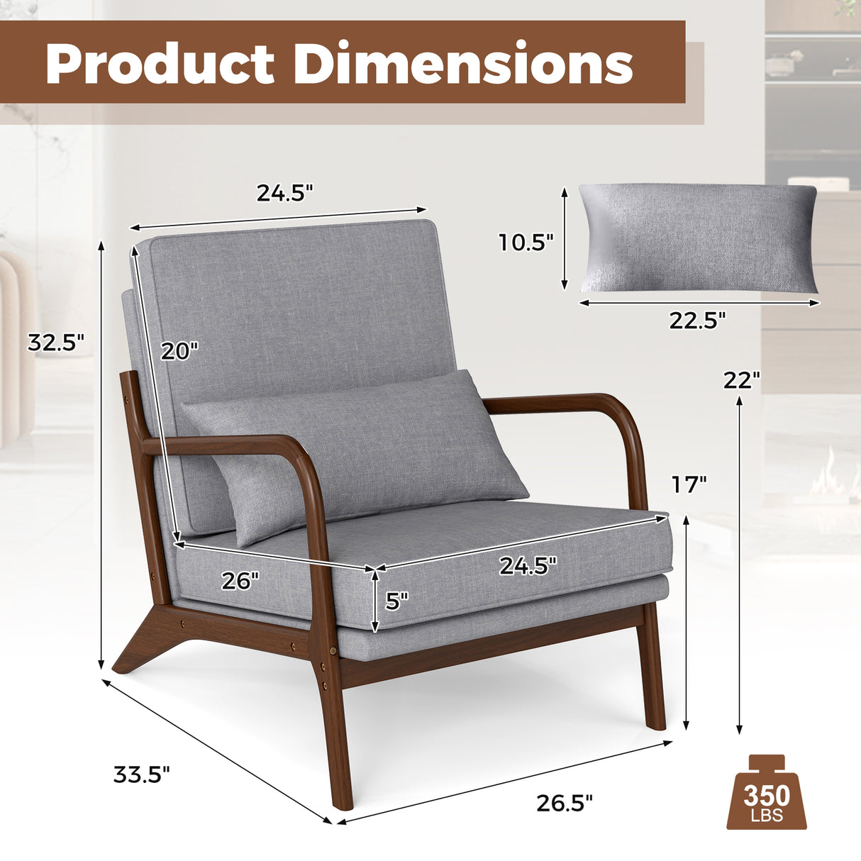 Modern Accent Chair with Rubber Wood Armrests and Removable Back