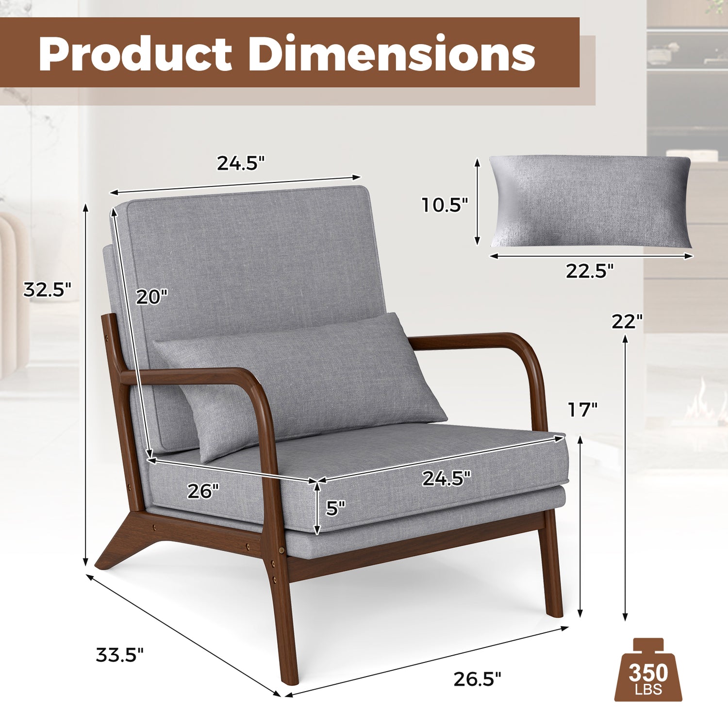 Modern Accent Chair with Rubber Wood Armrests and Removable Back