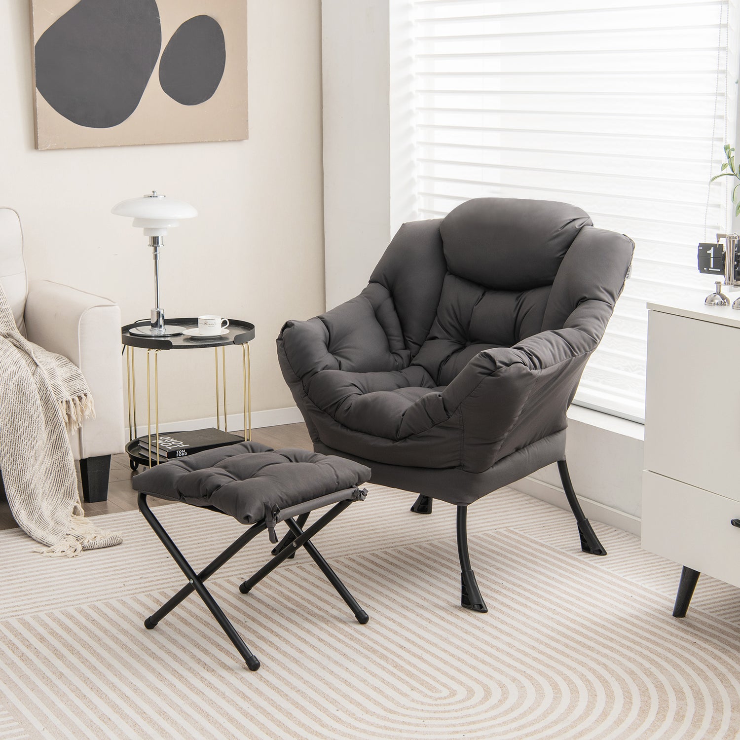 Modern Accent Sofa Chair with Folding Footrest and Side Pocket