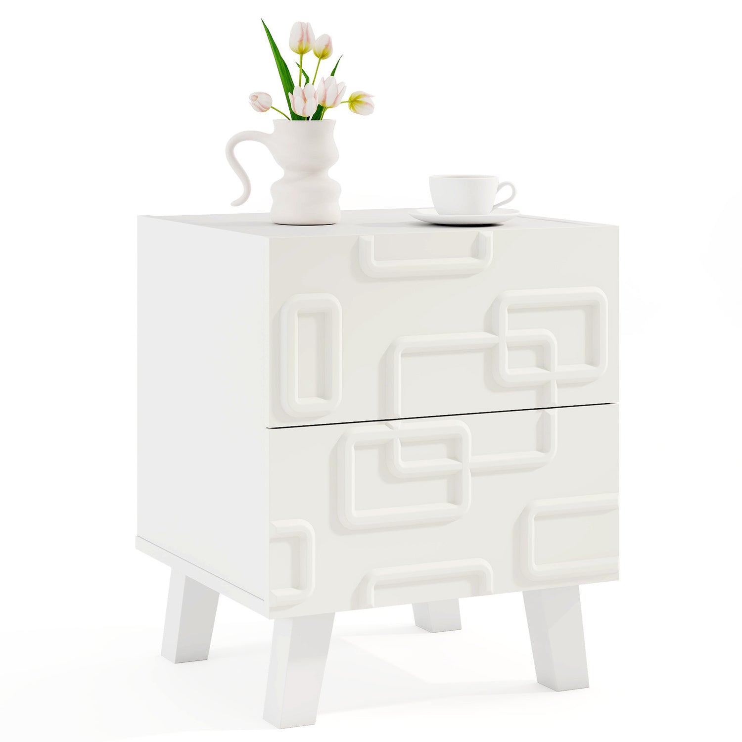 Modern Nightstand Side Table with Drawers and 3D Geometric Patterns-White