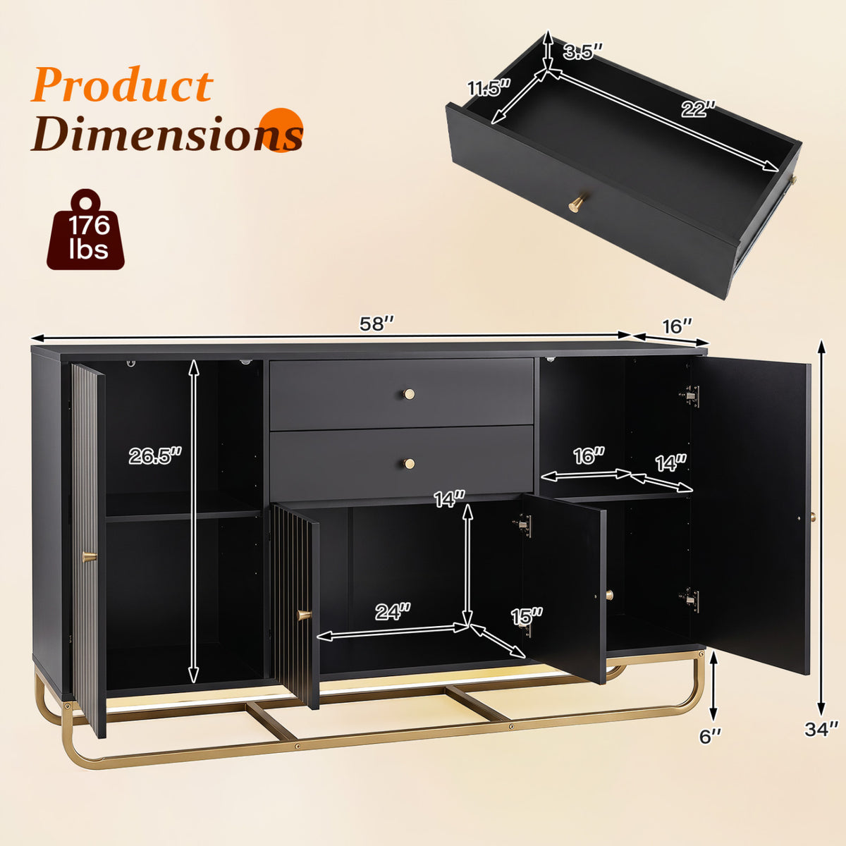 Modern Buffet Sideboard Cabinet w/ 2 Drawers & Adjustable Shelves for Dining Room