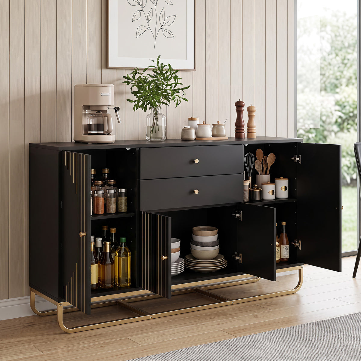 Modern Buffet Sideboard Cabinet w/ 2 Drawers & Adjustable Shelves for Dining Room