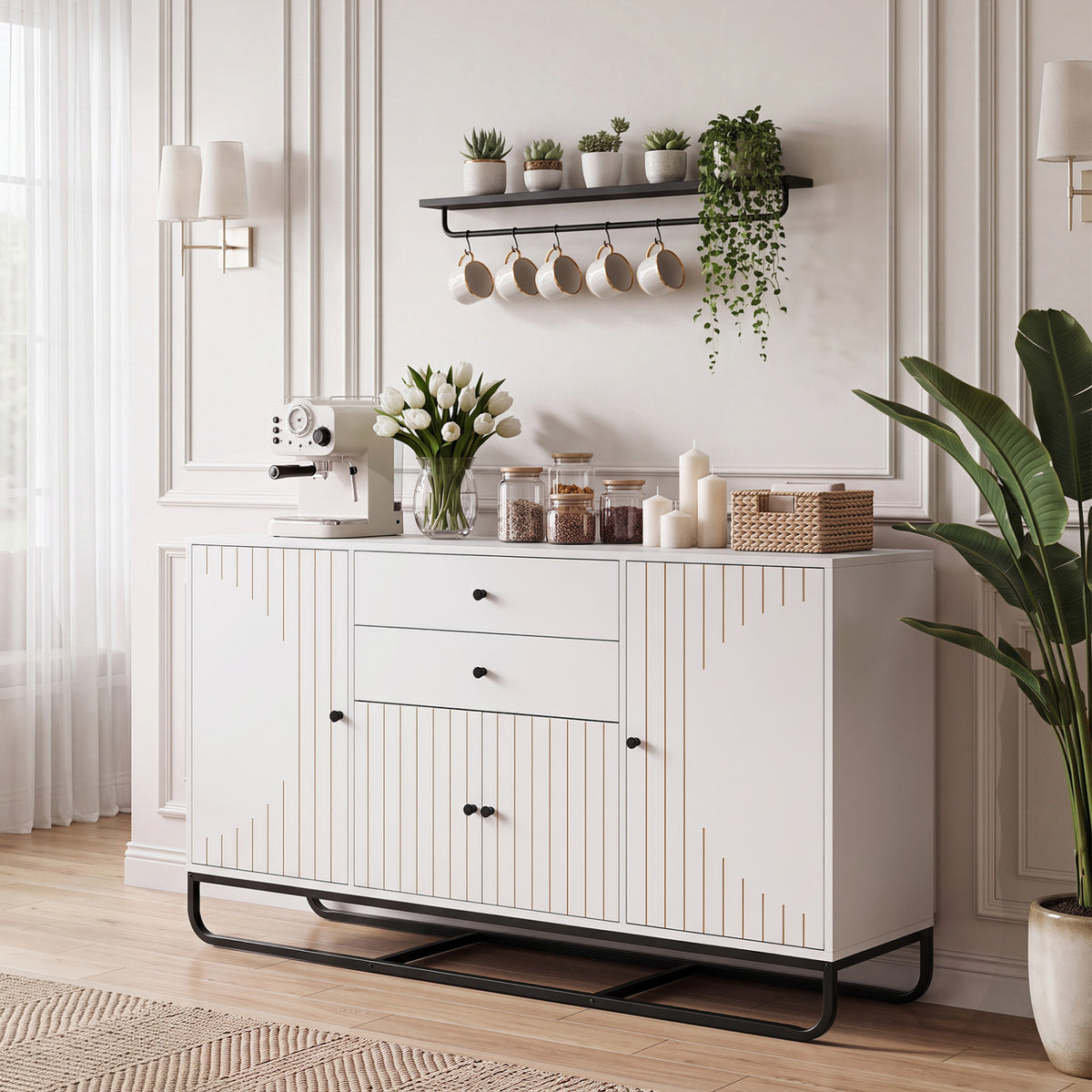 Modern Buffet Sideboard Cabinet w/ 2 Drawers & Adjustable Shelves for Dining Room