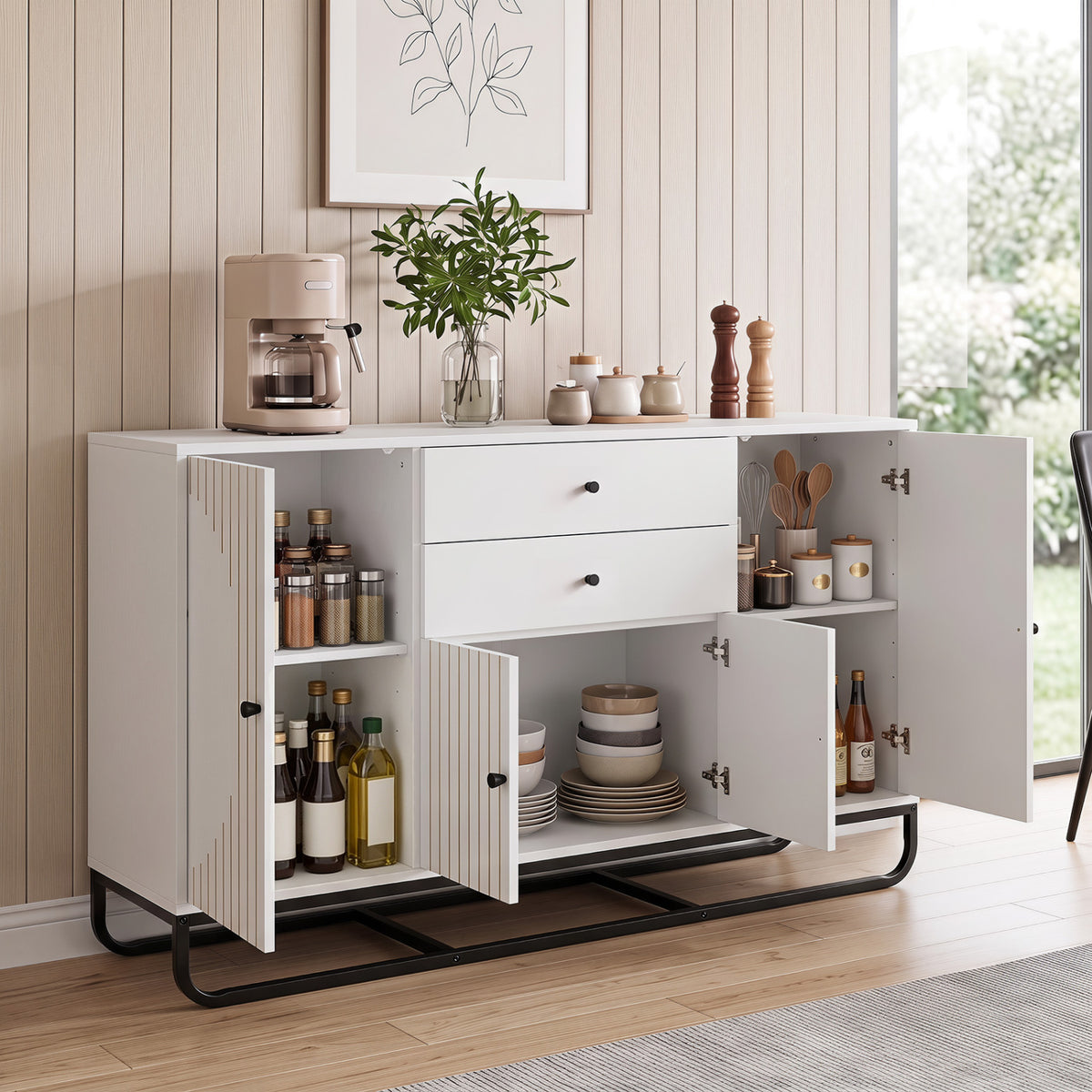 Modern Buffet Sideboard Cabinet w/ 2 Drawers & Adjustable Shelves for Dining Room
