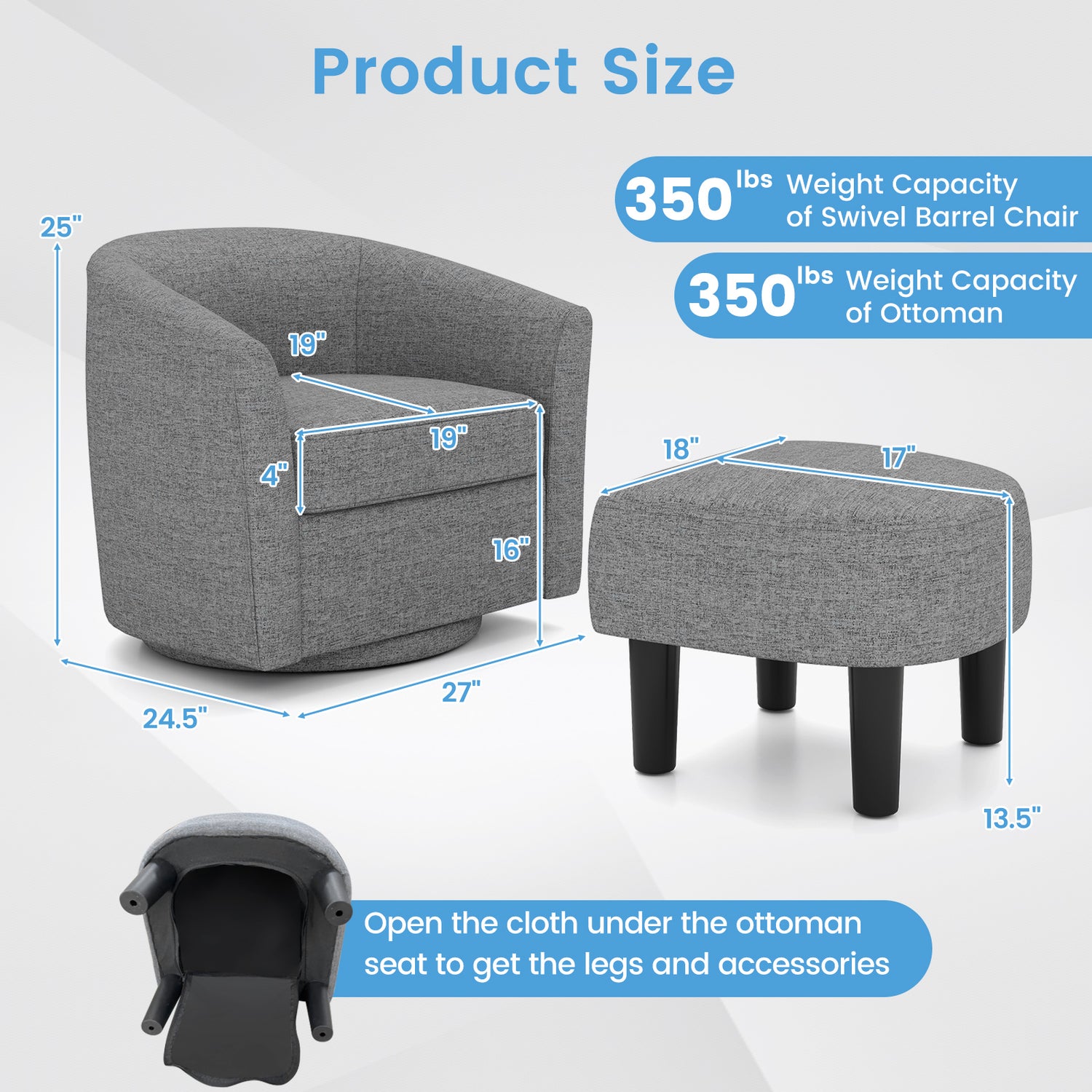 Modern Club Swivel Accent Chair with Ottoman Footrest Curved Backrest