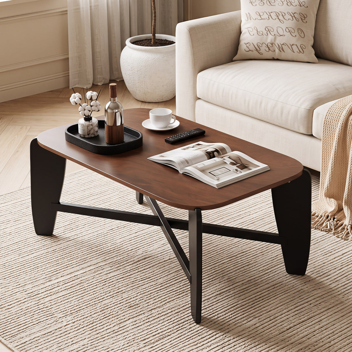 Modern Coffee Table with Rubber Wood Cross-Leg Base Rectangular Center Table