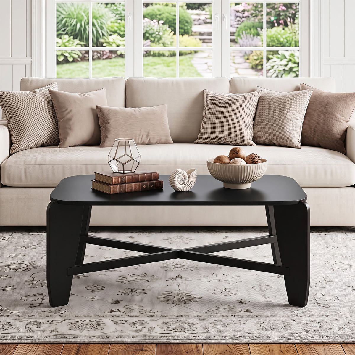 Modern Coffee Table with Rubber Wood Cross-Leg Base Rectangular Center Table