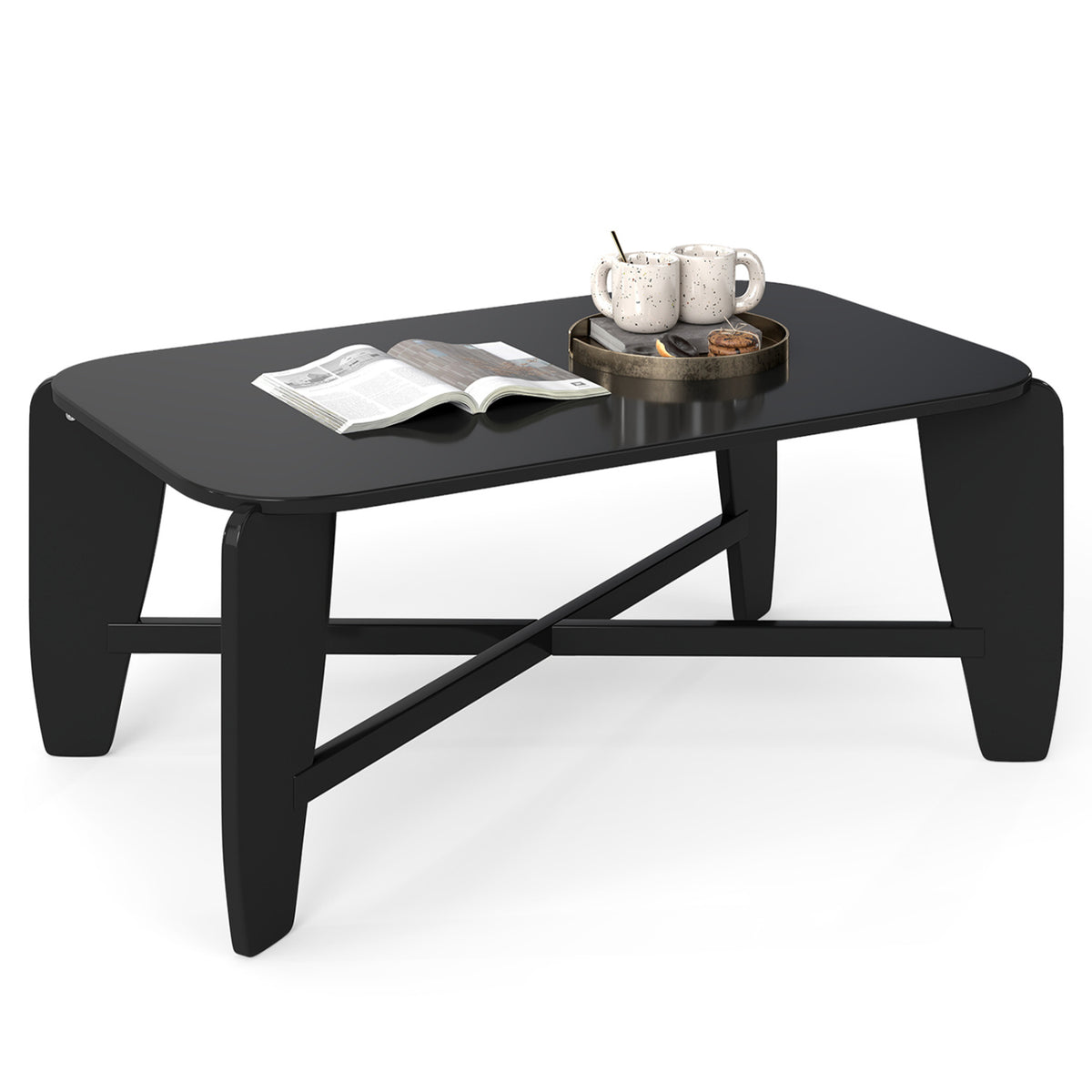 Modern Coffee Table with Rubber Wood Cross-Leg Base Rectangular Center Table
