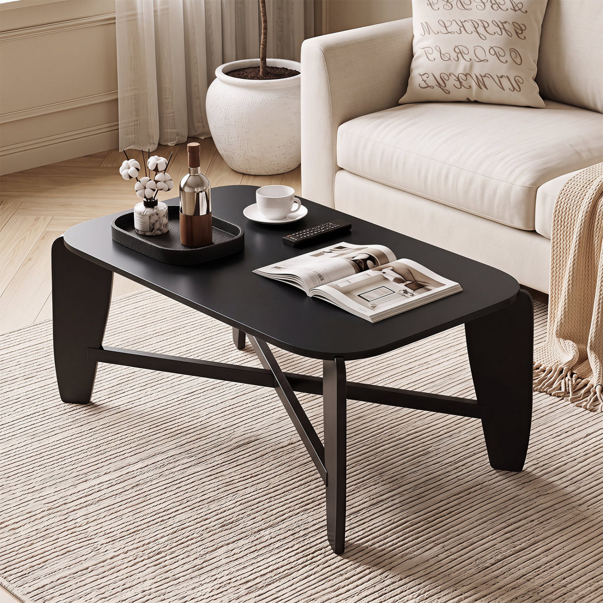 Modern Coffee Table with Rubber Wood Cross-Leg Base Rectangular Center Table