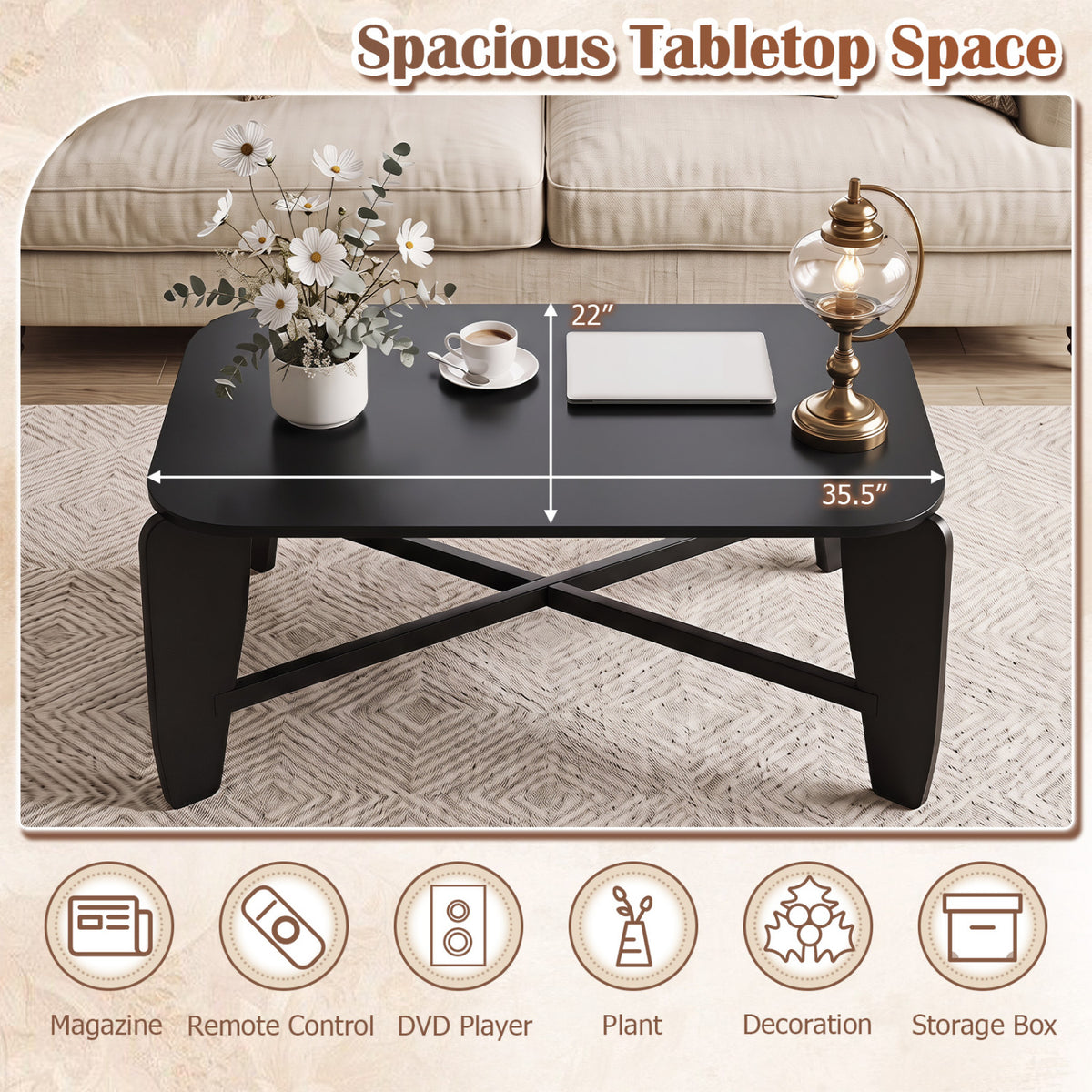 Modern Coffee Table with Rubber Wood Cross-Leg Base Rectangular Center Table